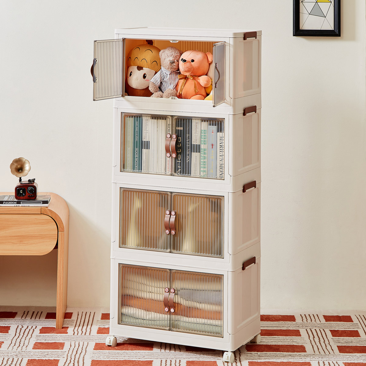 4 Tier Stackable Foldable Storage Bins with Lid and Wheels (Set of 4)